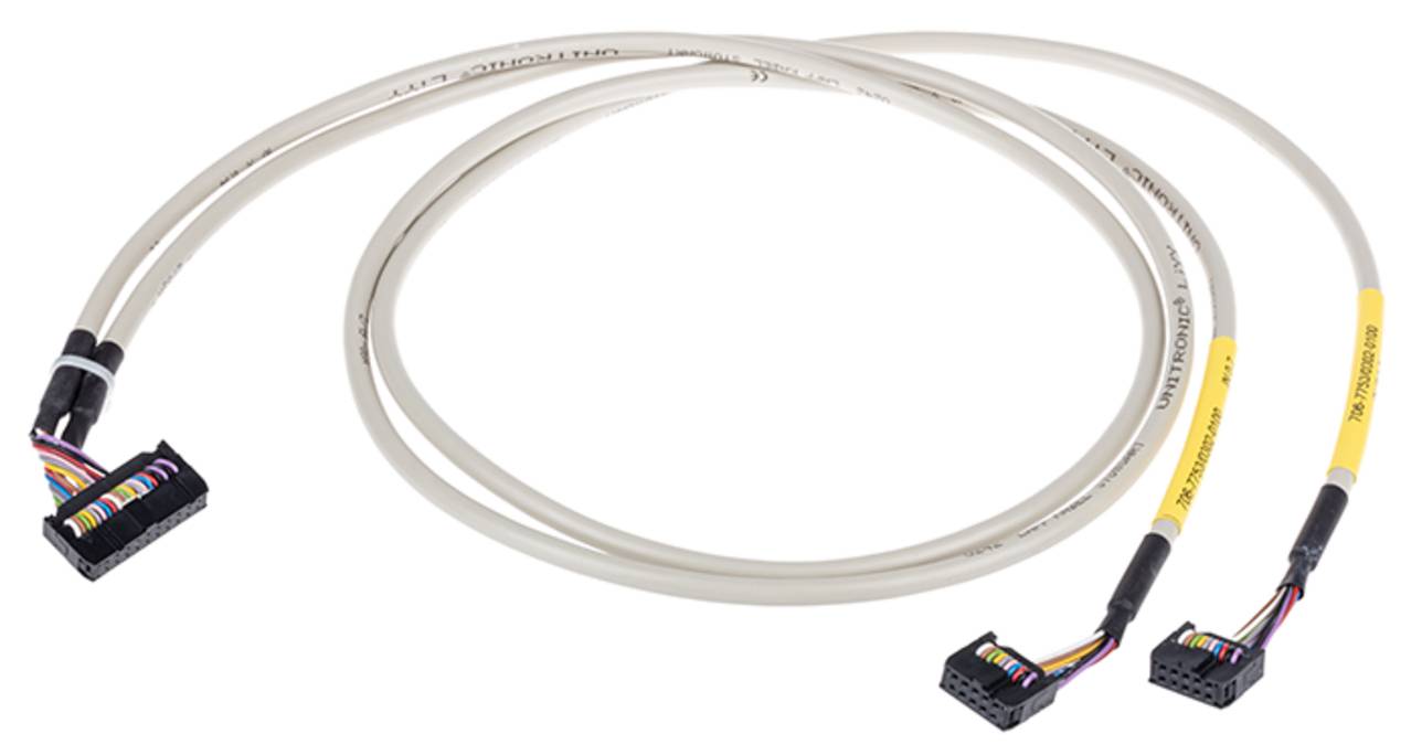 Ein Kabel mit zwei Enden, das auf einer Seite zwei Anschlüsse und auf der anderen Seite einen einzelnen Anschluss hat, das für elektronische oder Computerverbindungen verwendet wird.