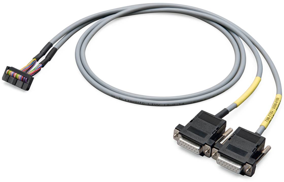Ein graues Y-Kabel mit einem weiblichen 50-poligen Anschluss an einem Ende und zwei DB25-Steckern (männlich) am anderen Ende, wird zum Aufteilen von Signalen verwendet.