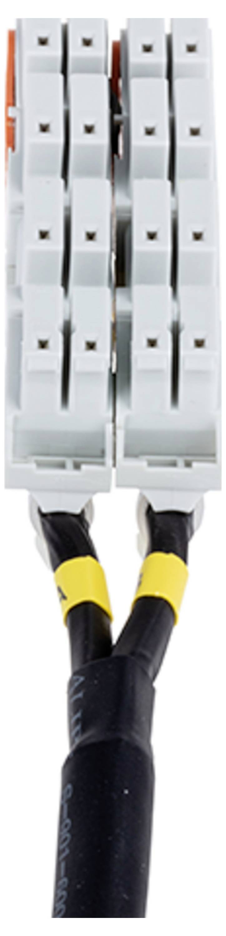 Eine Nahaufnahme eines grauen Elektrosteckers mit zwei angeschlossenen Kabeln, umwickelt mit schwarz-gelber Isolierung.