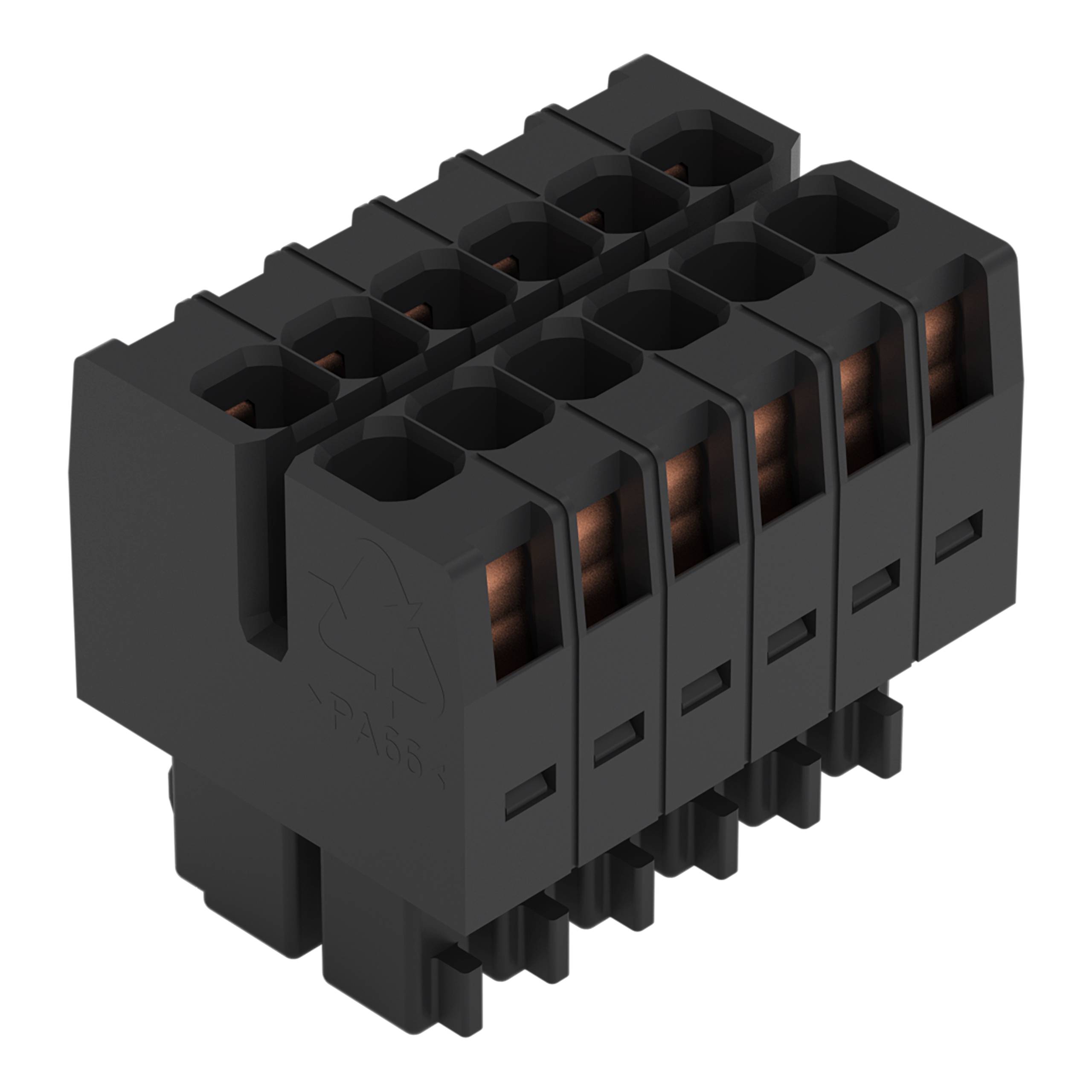 Ein schwarzer elektrischer Stecker mit mehreren Slots für die Verdrahtung. Er verfügt über ein kompaktes Design, das sich für elektronische oder elektrische Installationen eignet.