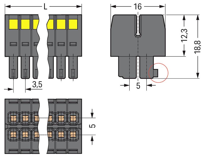 Schaltplan eines elektrischen Steckers: Draufsicht, Seitenansicht und Unteransicht mit Maßangaben. Beschriftete Dimensionen umfassen Längen und Höhe.