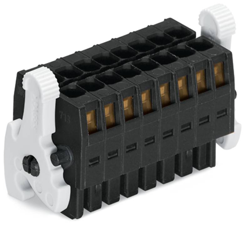 Ein schwarzes und weißes Elektroklemmleistenblock mit acht Anschlussplätzen, der zum Verbinden von Drähten in elektrischen Schaltkreisen verwendet wird.