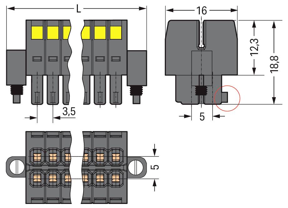 „Technische Zeichnung eines Steckerblocks mit Front- und Seitenansicht sowie Abmessungen in Millimetern: 16 mm Breite, 12,3 mm Höhe, 18,8 mm Gesamthöhe.