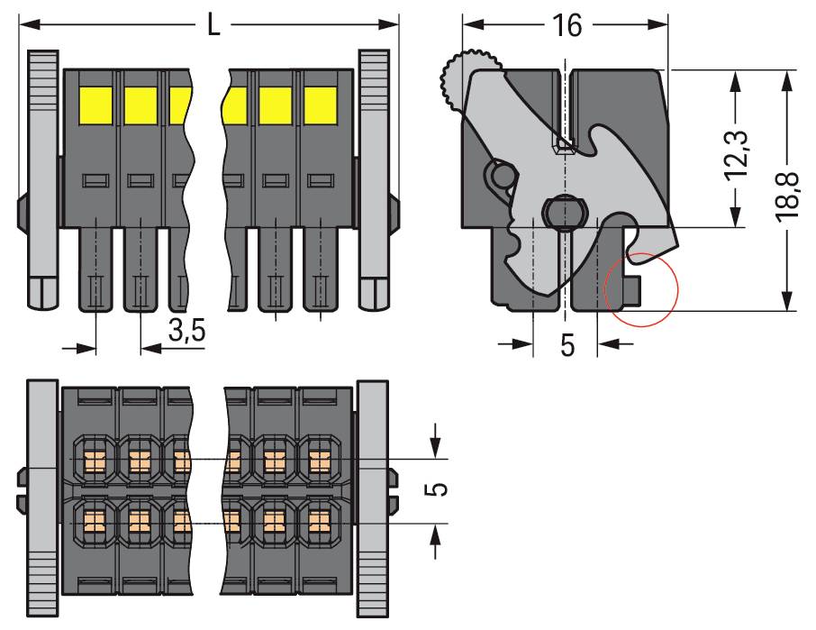 Technische Zeichnung eines Steckers mit Vorderansicht, Seitenansicht und Draufsicht. Abmessungen sind für Breite, Höhe und Länge gekennzeichnet.