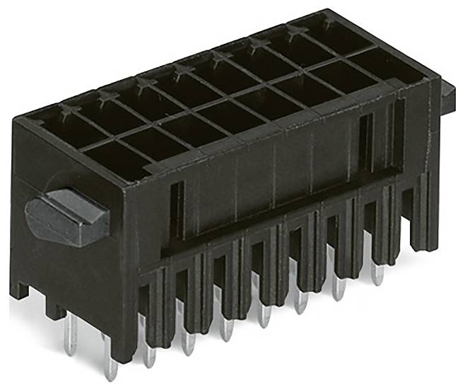 Ein schwarzer rechteckiger elektronischer Stecker mit mehreren Metallstiften, der zur Verbindung zwischen Leiterplatten oder Geräten verwendet wird.