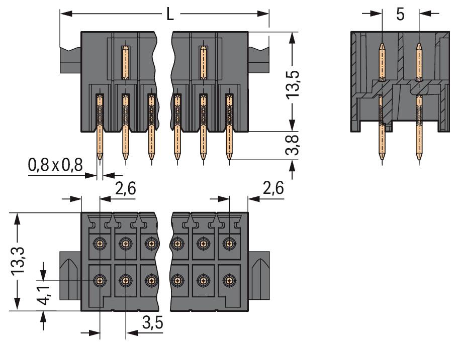 Technisches Schaltplan eines Steckers mit Abmessungen: Länge L, Höhe 13,5, mit Stiftabstand. Seiten- und Draufsicht zur Verdeutlichung enthalten.