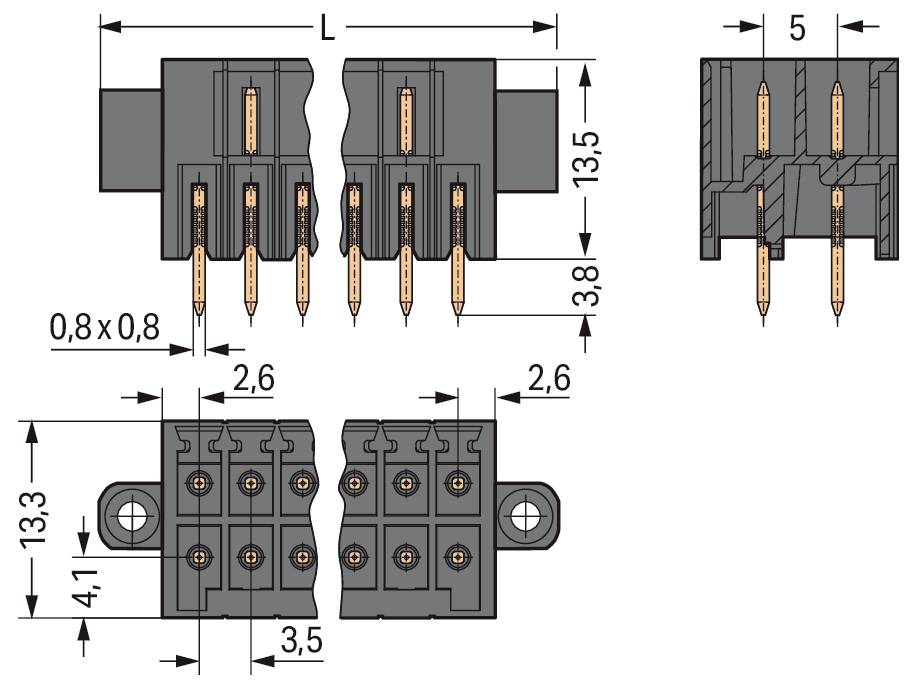 Technisches Diagramm eines Steckers mit Abmessungen: L, 0,8 x 0,8 und 2,6. Zeigt detaillierte Stiftkonfigurationen und Seitenansicht-Messung von 5.