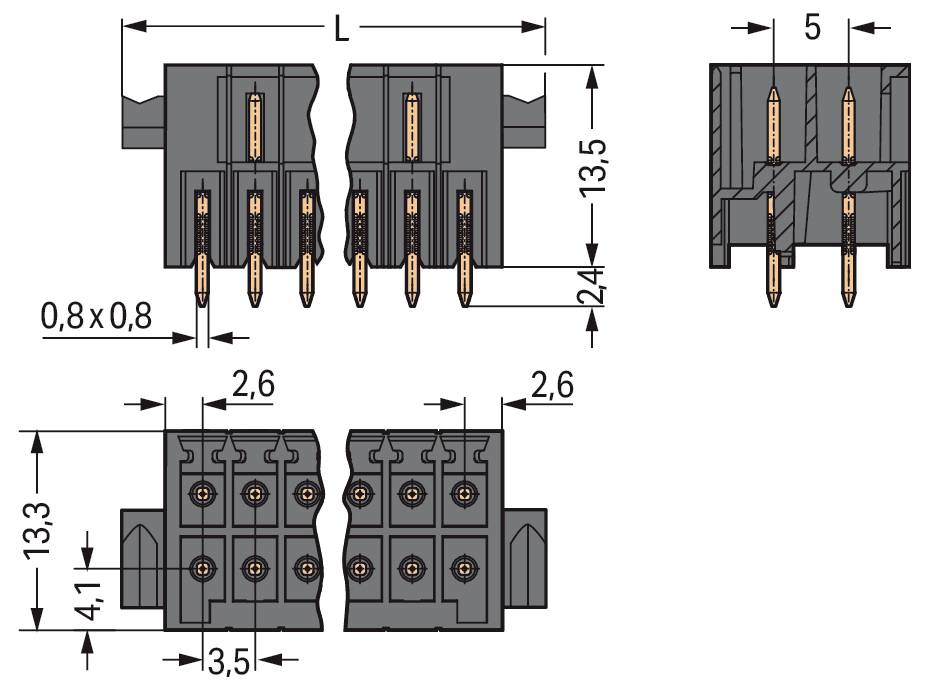 Draufsicht: Stecker mit vier Metallstiften, jeder mit den Abmessungen 0,8 × 0,8 mm. Seitenansicht: Die Höhe des Steckers beträgt 13,5 mm, die Länge ist mit L gekennzeichnet.