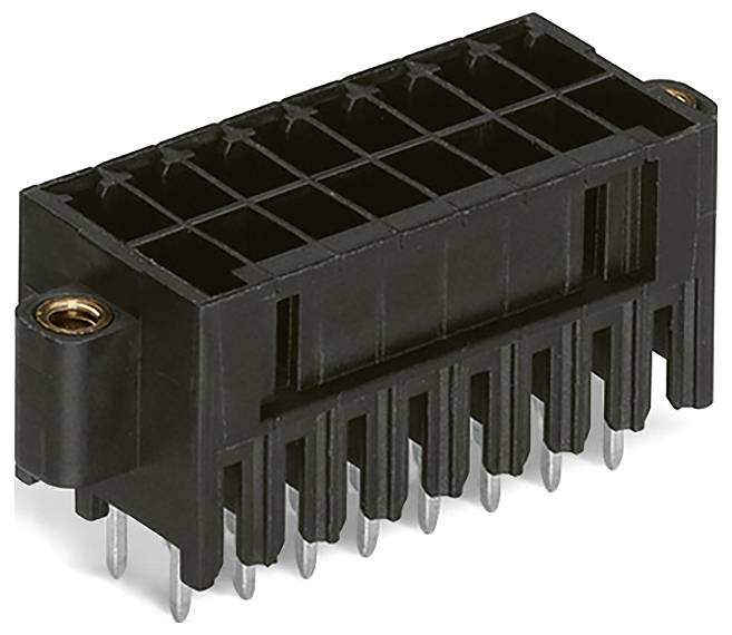 Ein schwarzer rechteckiger elektronischer Steckverbinder mit mehreren Stiften, konzipiert zum Sichern und Verbinden von Leiterplattenbaugruppen.