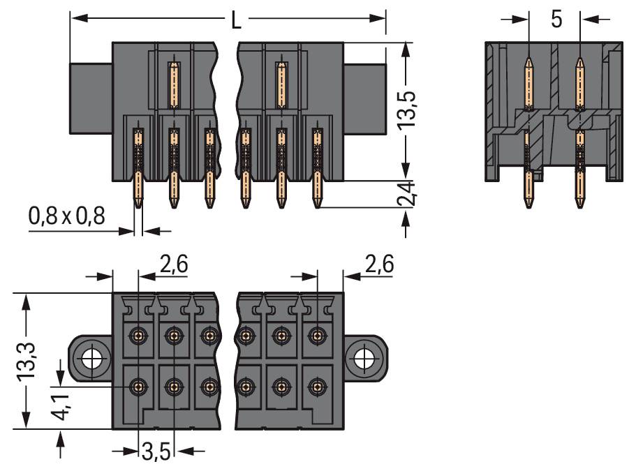 Technisches Schaltbild eines elektronischen Steckers mit Abmessungen: 24mm Länge, 13,5mm Höhe und Pinabstand von 0,8x0,8mm.