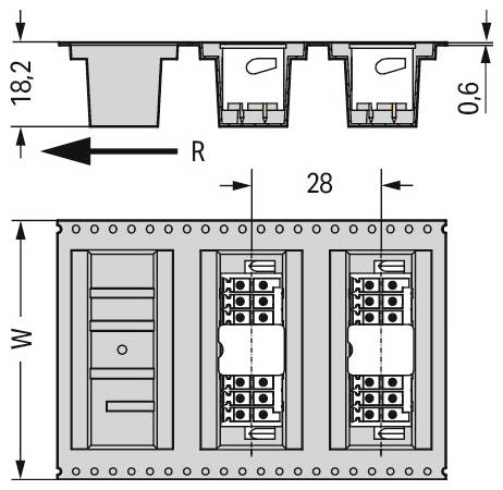 Diagramm mit Abmessungen eines elektrischen Schalters: Breite 18,2mm, Höhe 0,6mm und 28mm Abstand mit Komponentendetails.