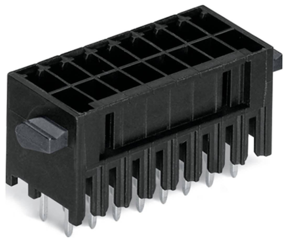 Ein schwarzer elektronischer Stecker mit mehreren Stiften, typischerweise auf Leiterplatten zum Verbinden von Komponenten oder Geräten verwendet.