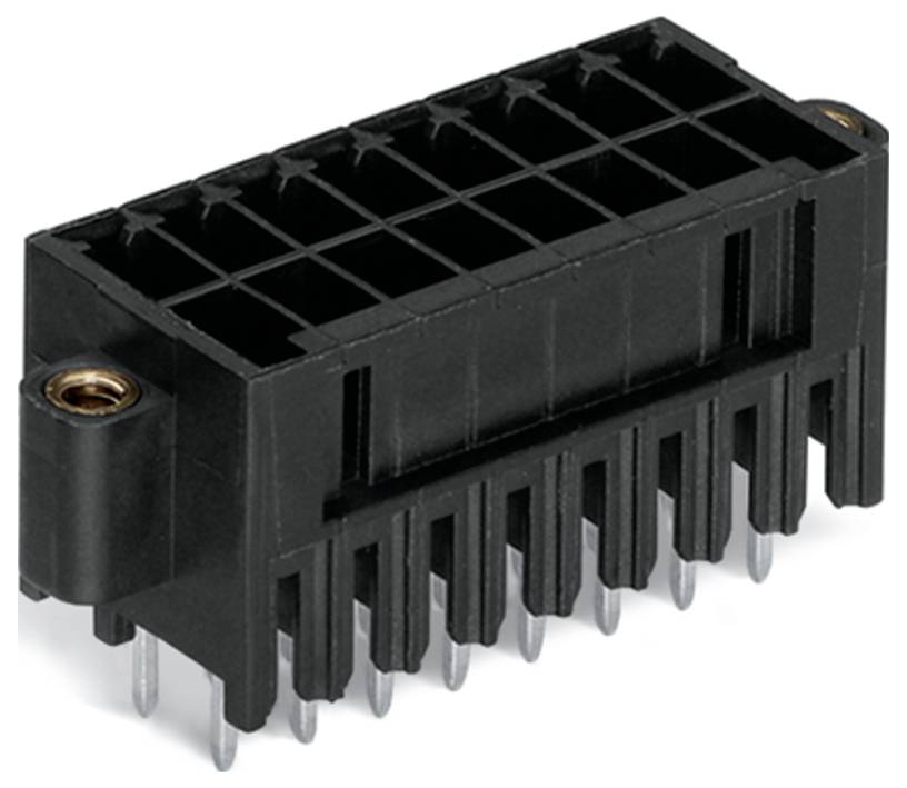 Ein schwarzer Kunststoff-Elektrostecker mit Metallstiften, der zum Herstellen von Verbindungen in elektronischen Geräten verwendet wird, auf weißem Hintergrund dargestellt.