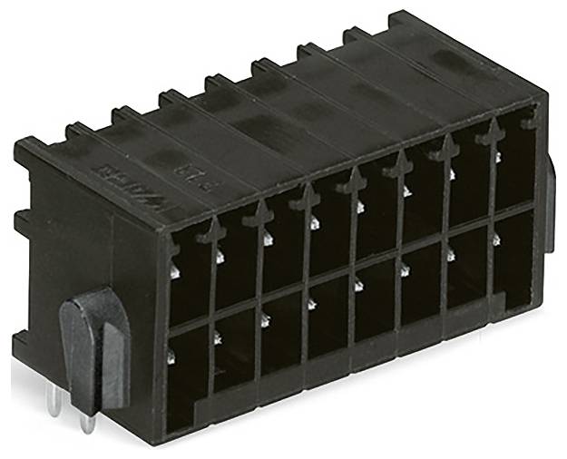 Schwarzer rechteckiger Elektrostecker mit mehreren Steckplätzen für Stifte, konstruiert für Leiterplatten.