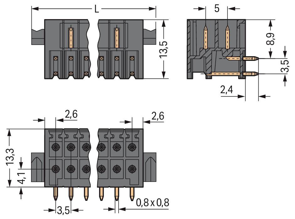 Technische Illustration eines Steckverbinderschemas mit Vorder- und Seitenansichten einschließlich Abmessungen, Stiftdimensionen und Abstände.