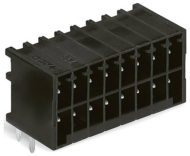 Ein schwarzer rechteckiger Kunststoff-Elektrostecker mit mehreren Stiftöffnungen in einer Zwei-Reihen-Anordnung, aus einem Winkel betrachtet.