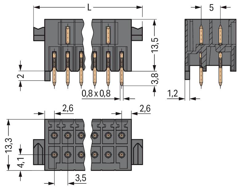 Diagramm eines elektrischen Steckers mit Abmessungen: Länge (L = Polzahl x Modulbreite), Breite 18,5 mm, Höhe 70 mm, Tiefe 45 mm.