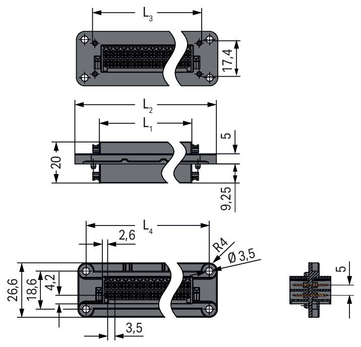 Technisches Diagramm eines rechteckigen elektrischen Steckers mit gekennzeichneten Abmessungen: Länge (L1-L3), Breite, Tiefe und Lochgröße.