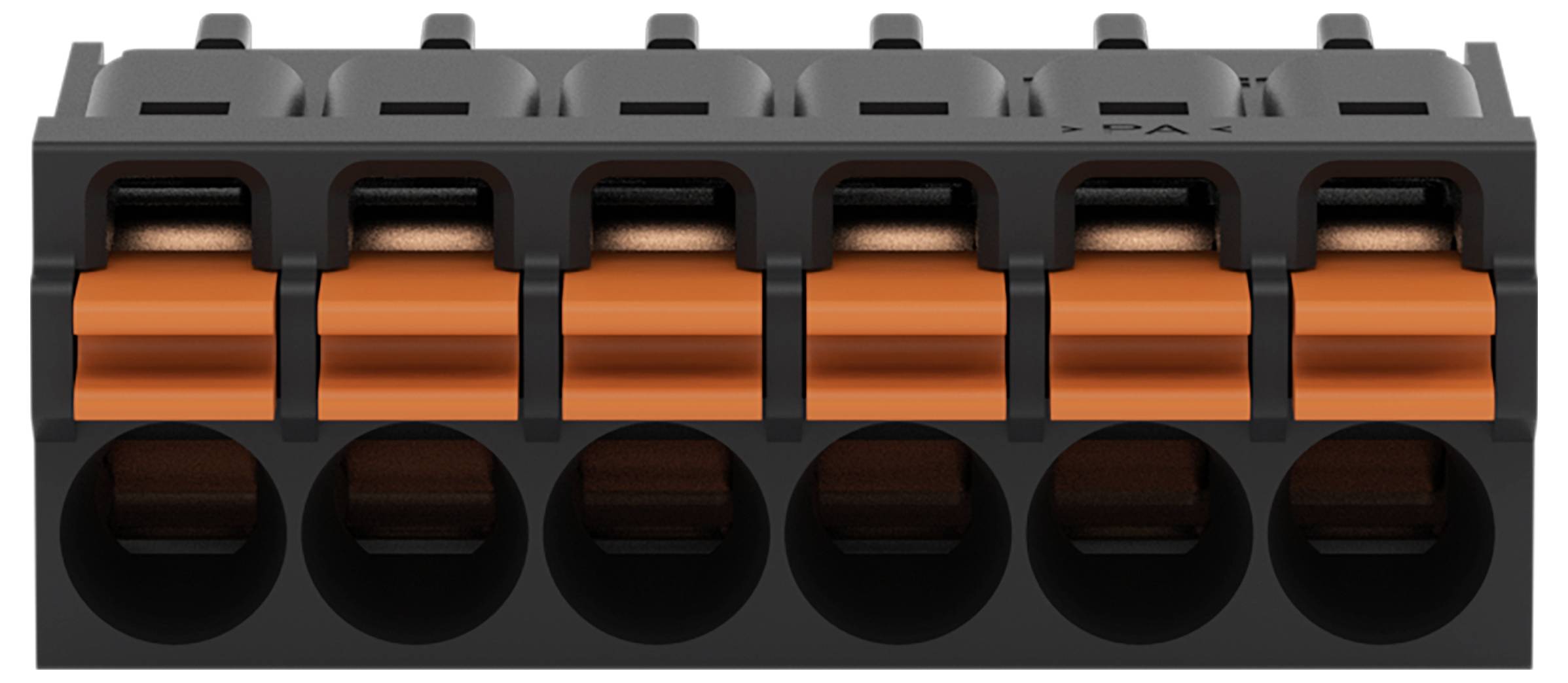 Frontansicht eines sechspoligen Elektro-Anschlussblocks mit orangefarbenen Hebelverbindern und schwarzem Gehäuse, der zur Befestigung von Elektrokabeln verwendet wird.