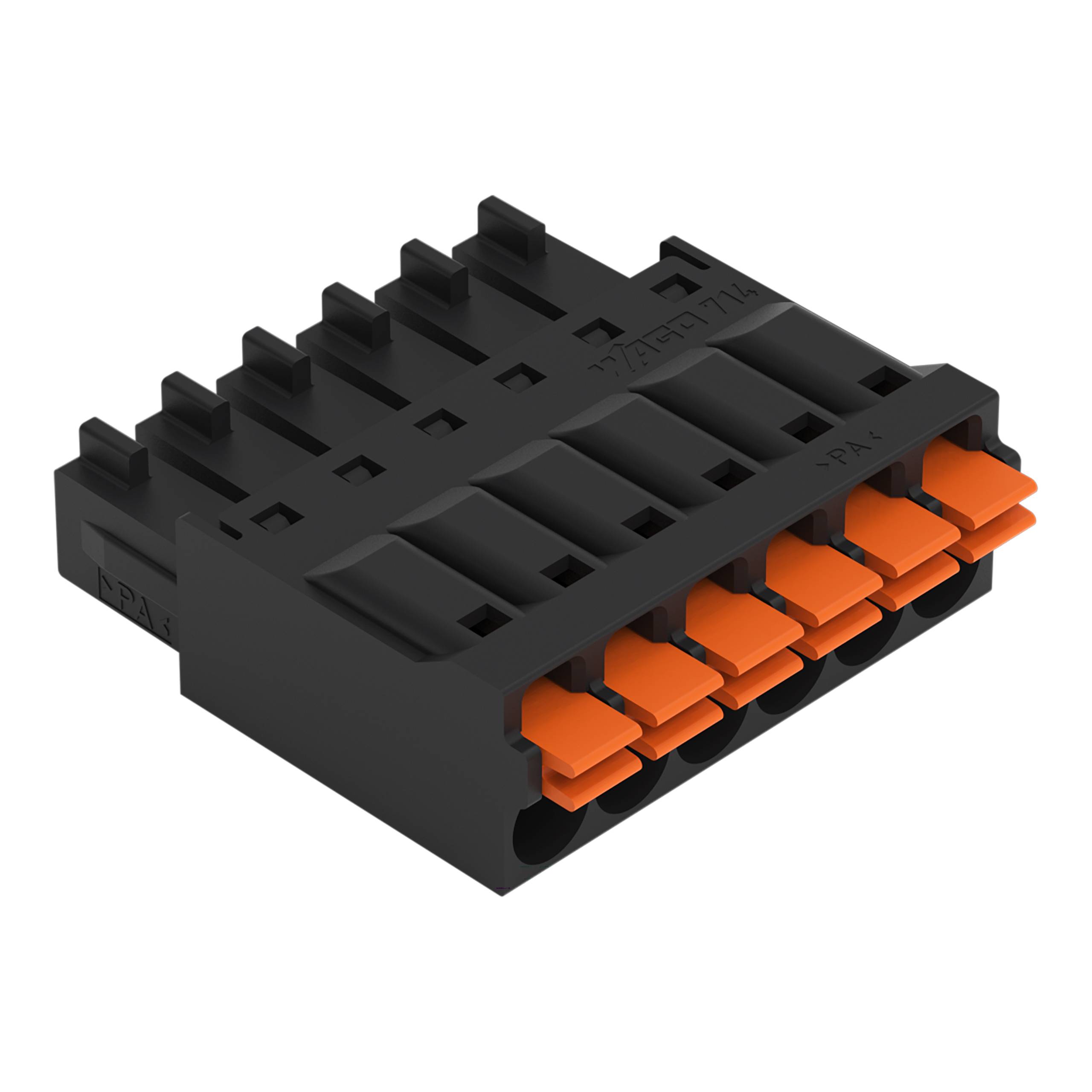Ein schwarzer Stecker mit vier Öffnungen, von denen jede eine orange Lasche enthält, entwickelt für elektrische Anwendungen.