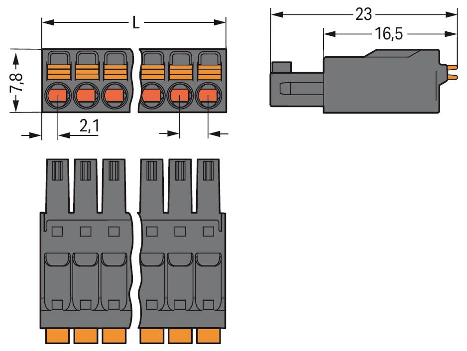 Technisches Diagramm eines Steckers: Beschriftete Abmessungen 7,8 x 2,1 und 23 x 16,5. Draufsicht, Seitenansicht und Vorderansicht dargestellt.