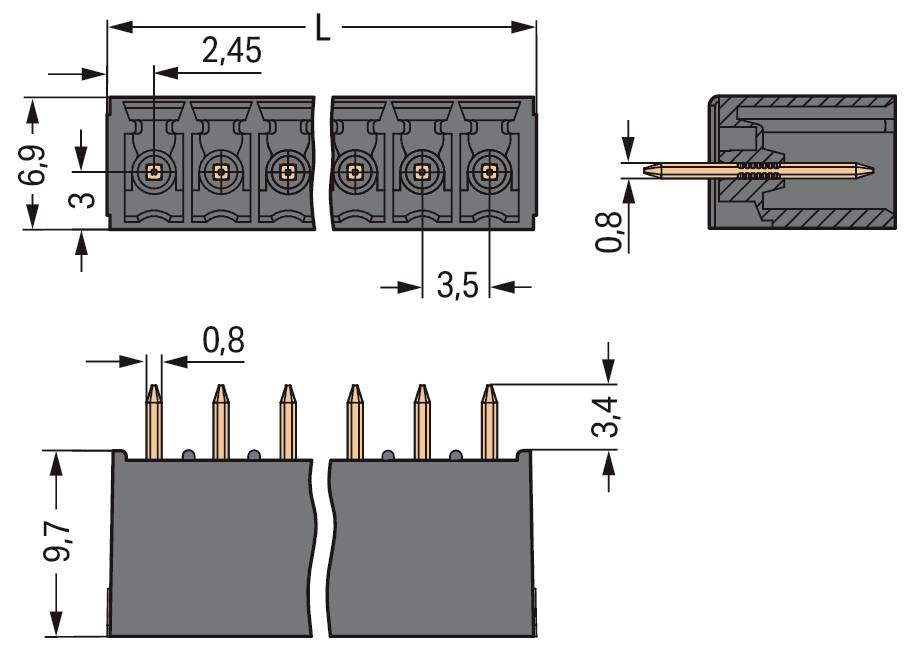Technisches Diagramm eines elektronischen Steckers mit den Abmessungen: Breite 9,7 mm, Länge 2,45 mm, Pinabstand 3,5 mm, Höhe 6,9 mm, Pinbreite 0,8 mm.