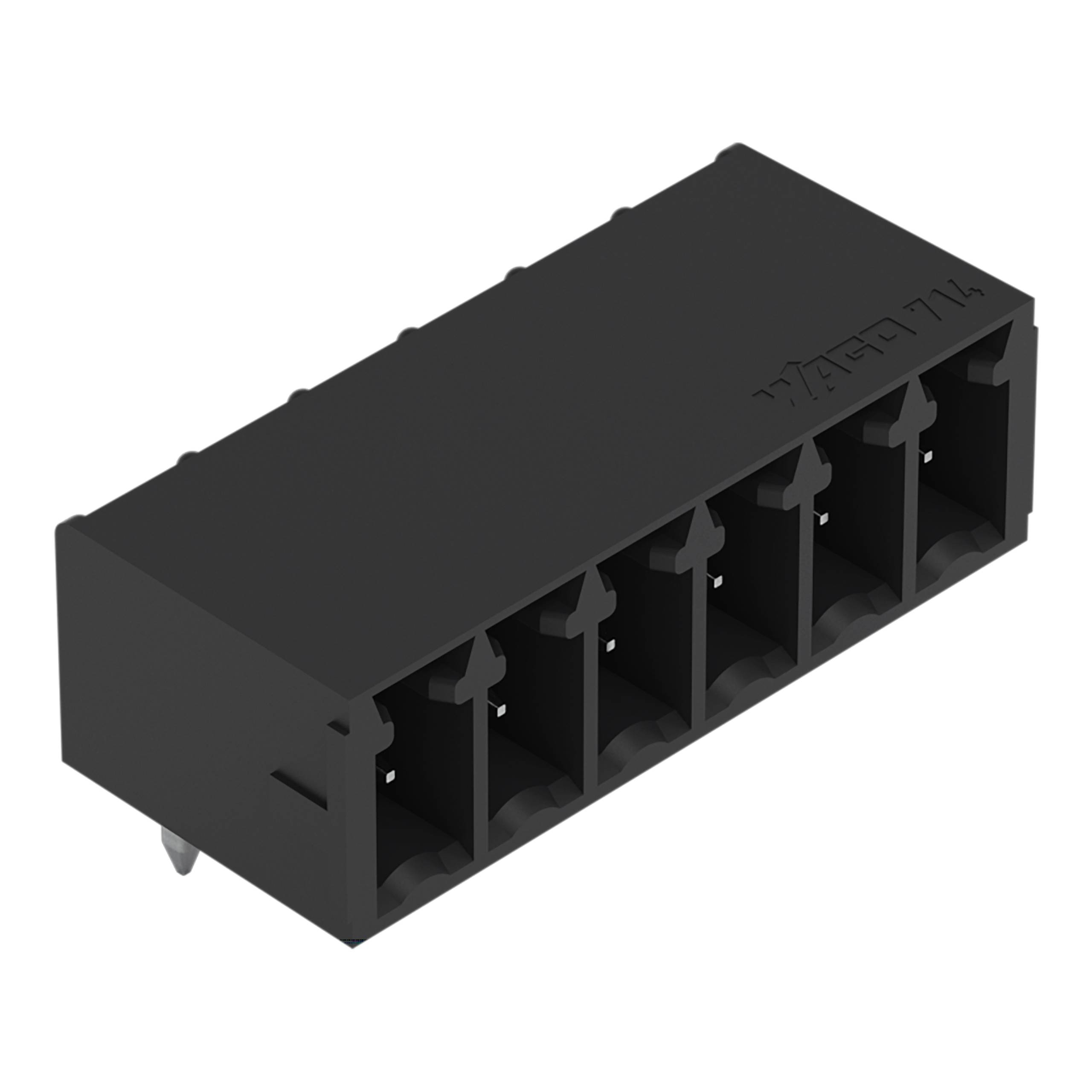 Ein schwarzes 5-poliges elektronisches Bauteil, wahrscheinlich ein Stecker oder Klemmleiste, das zum Verbinden von elektrischen Schaltkreisen verwendet wird.