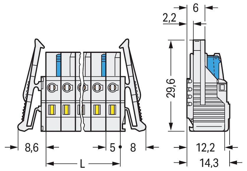Ein technisches Diagramm, das eine Mehransicht eines Steckers mit Maßen zeigt. Die obere Vorder- und rechte Seitenansicht zeigen Abmessungen in Millimetern.