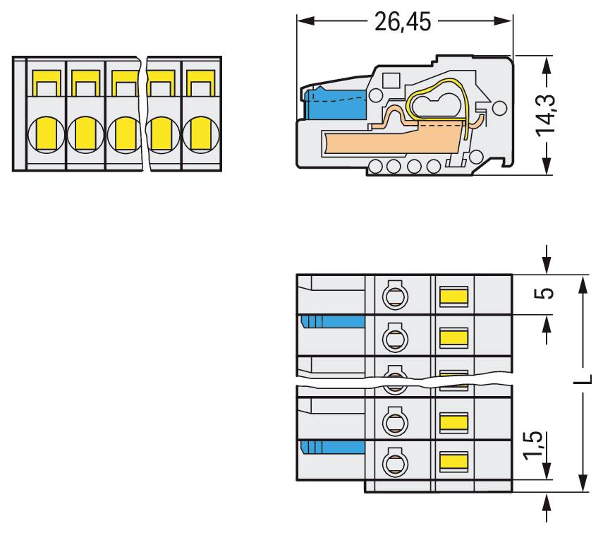 Diagramm eines elektrischen Anschlussblocks mit Seiten- und Draufsichten, mit Abmessungen: 26,45 mm Länge, 14,3 mm Höhe und 5 mm Breite.