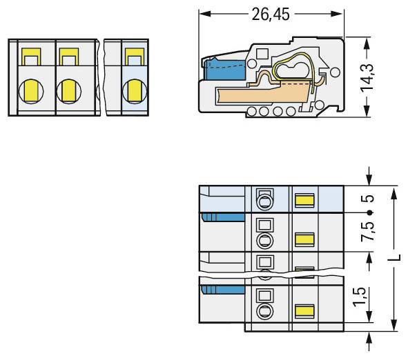 Technische Zeichnung eines Elektrosteckers mit Abmessungen: 7,8 mm Höhe, 2,1 mm Breite, 23 mm Länge. Seiten- und Draufsicht dargestellt.