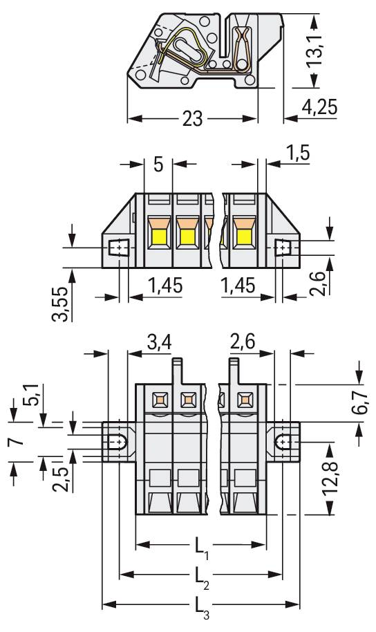 Technisches Schaltplan von Elektroklemmen mit Abmessungen in Millimetern; wichtige Messungen umfassen 4,25, 13,1 und 3,55.