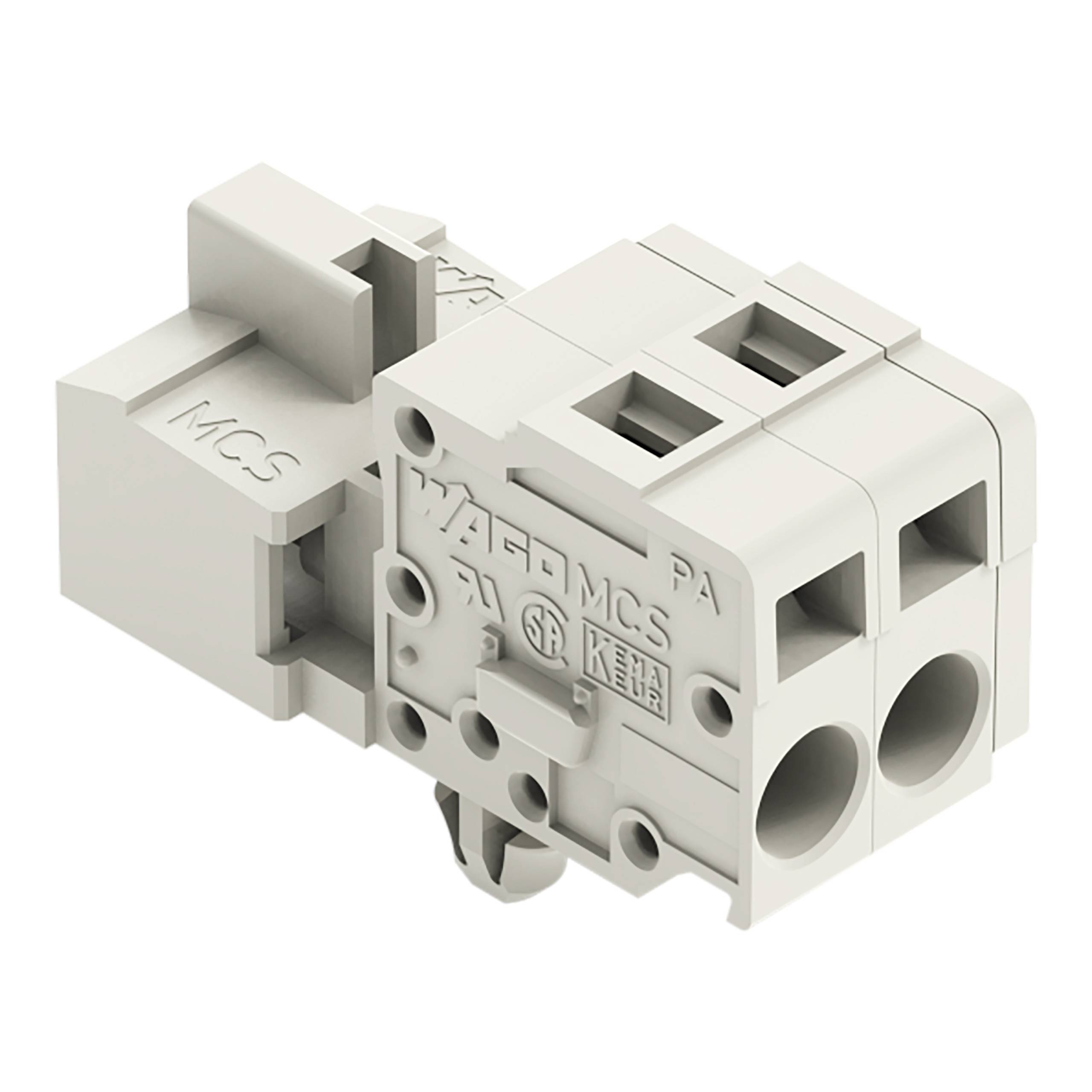 Ein zweipoliges Elektroklemmenblock mit 'WAGO MCS' und Zertifizierungsmarkierungen, das zum Verbinden und Sichern von Elektrokabeln verwendet wird.