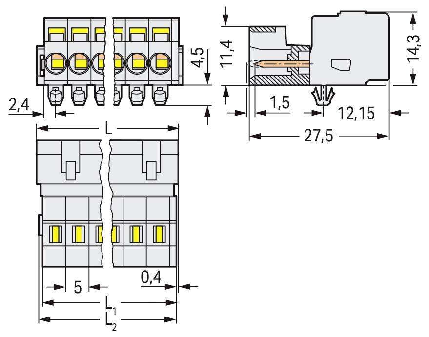 Technical diagram of an electrical connector, showing front and side views with dimensions in millimeters for component assembly.