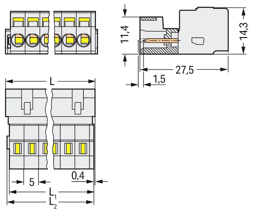 Technische Illustration eines modularen Klemmblocks. Draufsicht und Seitenansicht zeigen Abmessungen: 11,4 mm Höhe, 14,3 mm Breite und 5 mm sowie 27,5 mm Längen.