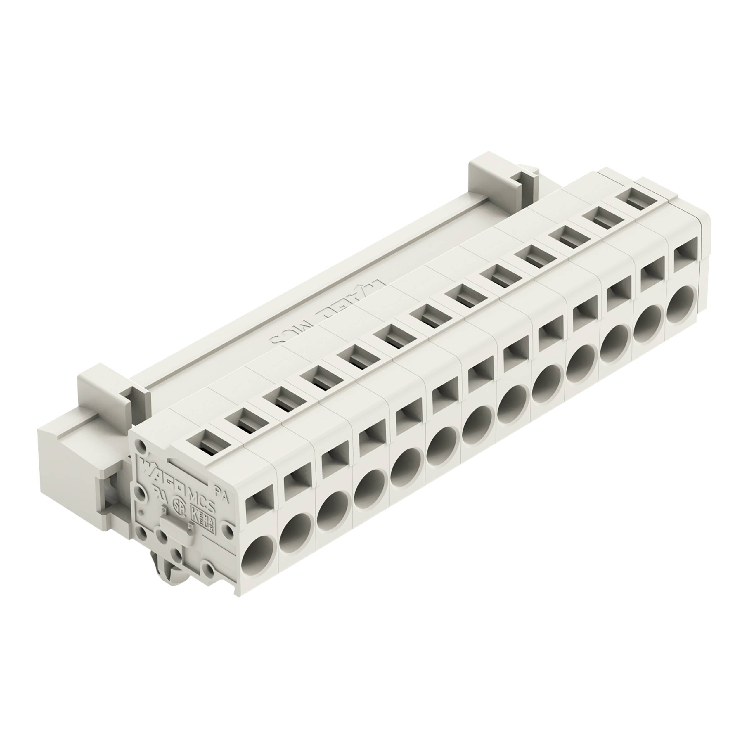 Ein weißes 12-Positions-Klemmleistenblock mit Clip- und Schraubvorrichtungen, das für elektrische Verbindungen verwendet wird und mit dem Text 