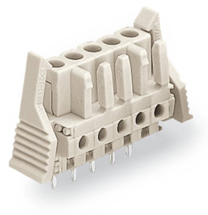 Ein hellgrauer Klemmleistenverbinder mit sechs Schlitzen und sechs Metallstiften, der zum Einführen und Sichern von Elektrokabeln konzipiert ist.
