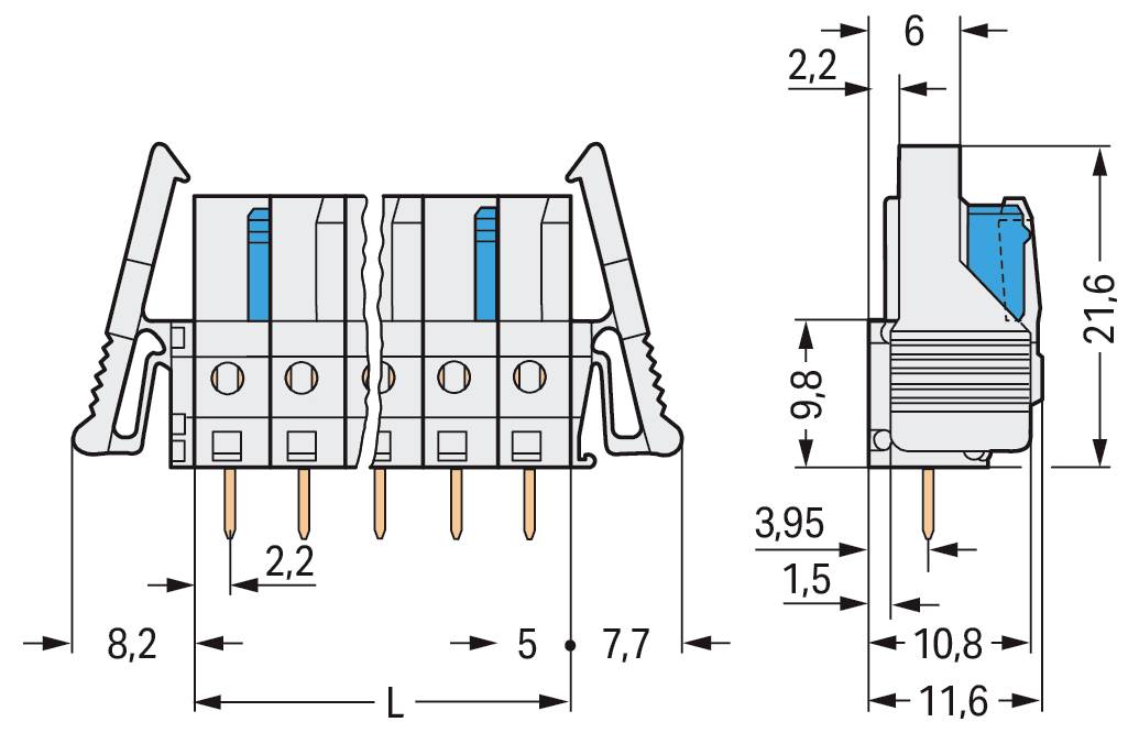 Technisches Diagramm eines Steckverbinders mit Abmessungen: 21,6 hoch, 11,6 breit und unterschiedliche Längen. Beinhaltet Stiftabstand und Konstruktionsdetails.