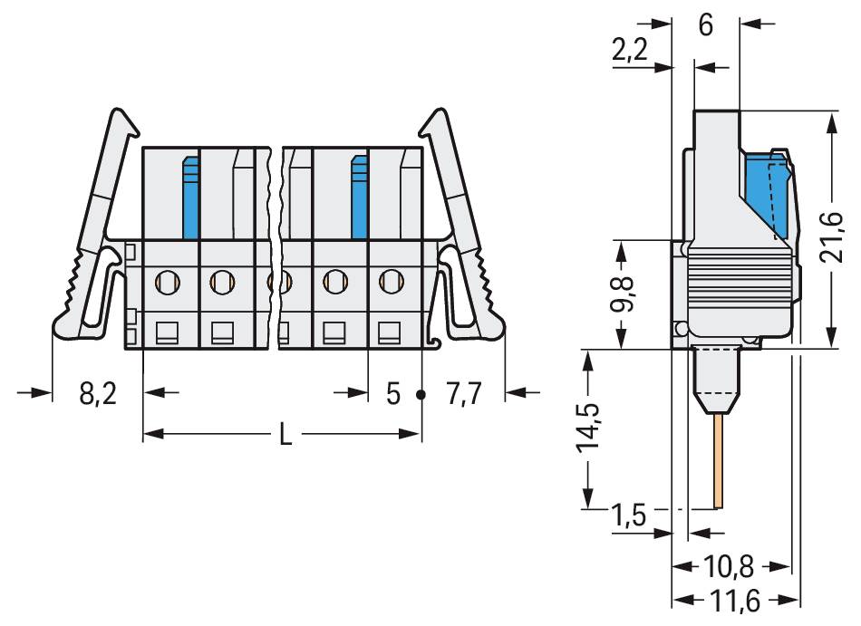 Diagramm eines zweipoligen elektrischen Steckers mit mehreren annotierten Abmessungen, einschließlich 8,2, 7,7 und 11,6 mm, mit Struktur- und Layoutdarstellung.