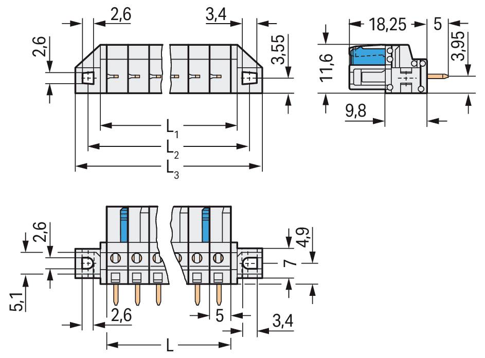 Technische Illustration einer Steckverbinderkomponente mit verschiedenen beschrifteten Messwerten. Wichtige Abmessungen umfassen eine Länge von 18,25 mm und eine Breite von 11,6 mm.