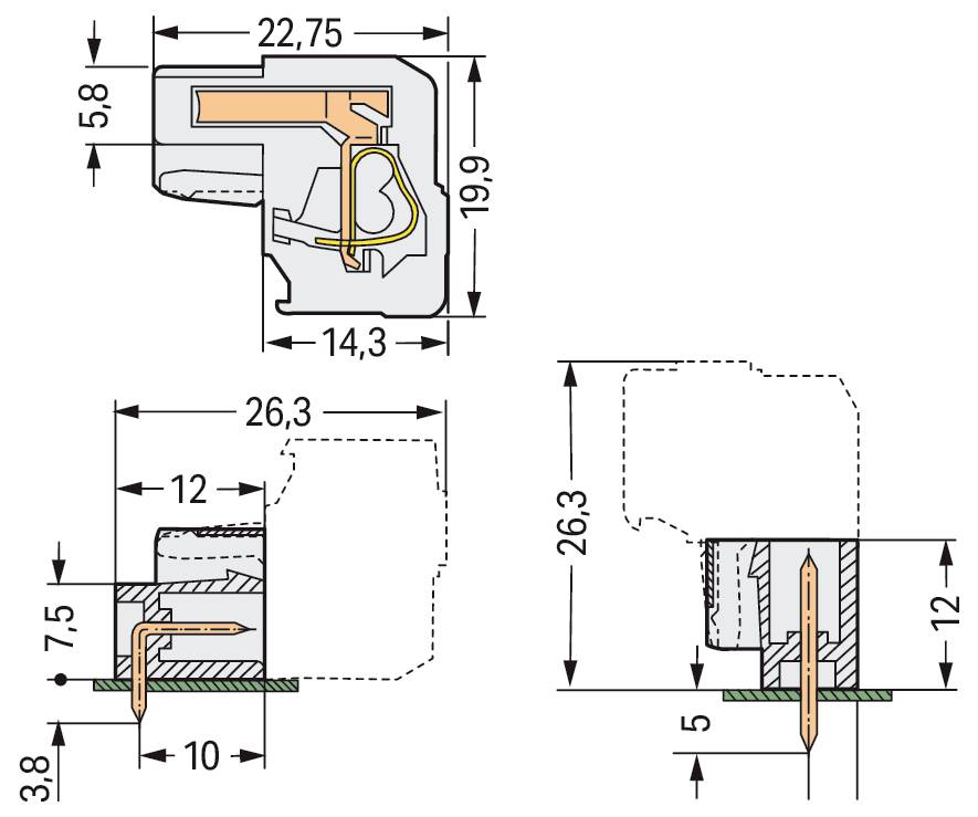 Technische Zeichnung einer Querschnittsansicht einer Türdichtung. Abmessungen und Strukturdetails sind gekennzeichnet und zeigen Größen und Komponentenplatzierung.