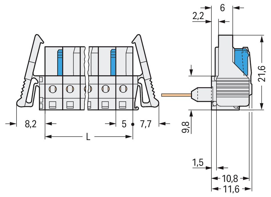 Diagramm eines elektrischen Steckers mit Abmessungen in Millimetern: Länge (L) nicht angegeben, Breite 5, Höhe 21,6, Drahthöhe 9,8.