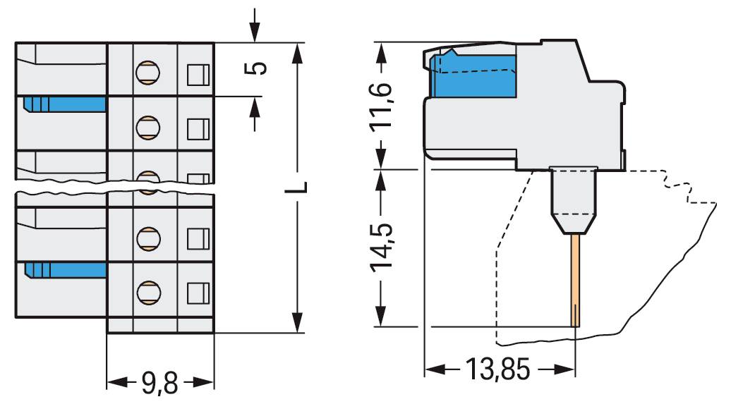 Technische Zeichnung eines elektronischen Steckers mit Abmessungen in Millimetern, zeigt Drauf-, Seiten- und Vorderansicht, mit Angaben zum Pinabstand und Abmessungen für präzise Installation.
