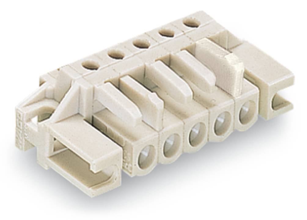Ein beiger Kunststoffstecker mit fünf Schlitzen für die Verkabelung, ausgestattet mit einer Verriegelung und mehreren kreisförmigen Öffnungen.