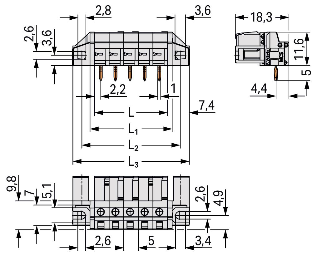 Technisches Schaltbild eines Elektrosteckers mit Abmessungen und Layout aus mehreren Blickwinkeln. Enthält Messwerte in Millimetern.