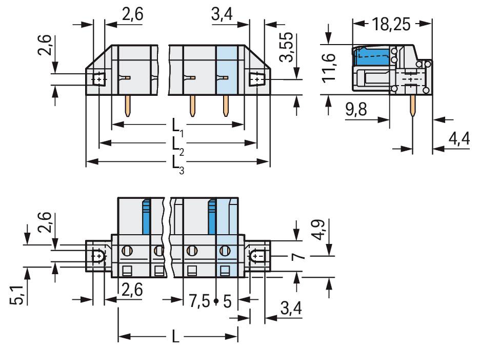 Technisches Diagramm eines elektrischen Steckers mit beschrifteten Abmessungen in Millimetern, einschließlich der Länge L1, L2, L3 und wichtiger Merkmale.