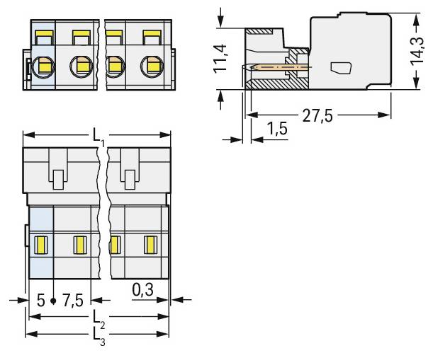 „Technisches Schaltschema eines zweipoligen Steckklemmenblocks mit Abmessungen: 11,4 mm Höhe, 27,5 mm Länge, 14,3 mm Breite und Abstände von 5 mm, 7,5 mm und 0,3 mm.