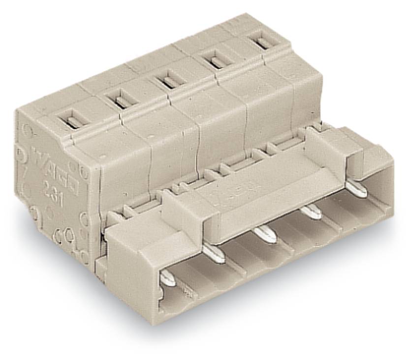 Ein Kunststoff-Anschlussblock mit fünf Anschlüssen, entworfen für elektrische oder elektronische Anwendungen, mit Schlitzen und Markierungen auf seiner Oberfläche.