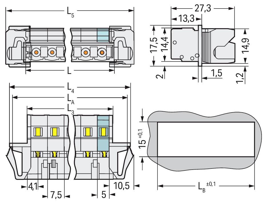 Diagramm eines elektrischen Steckverbinders mit detaillierten Abmessungen in Millimetern, das mehrere Seiten- und Draufsichten mit angegebenen Dimensionen zeigt.