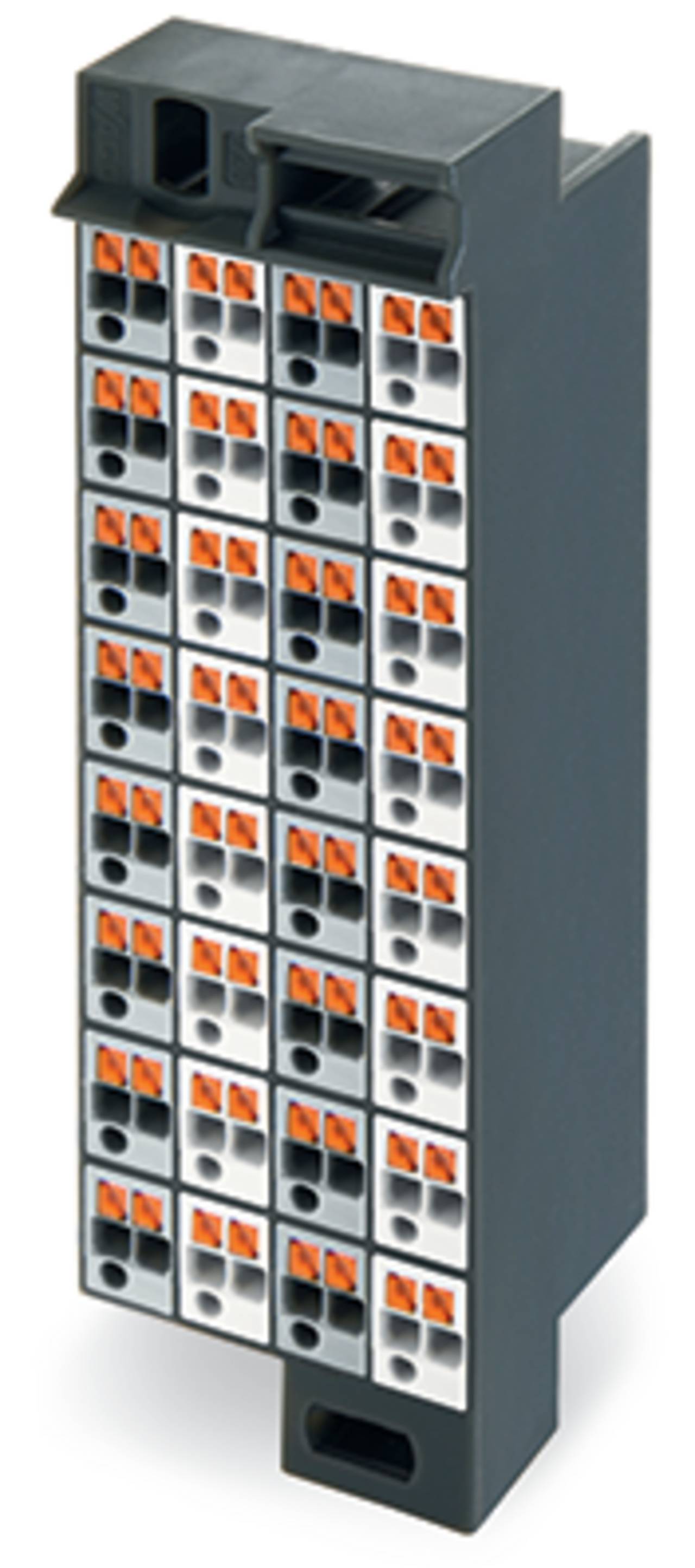 Ein kompaktes elektronisches Modul mit mehreren Drahtverbindungsanschlüssen mit orangefarbenen und grauen Akzenten in einer Gitteranordnung.