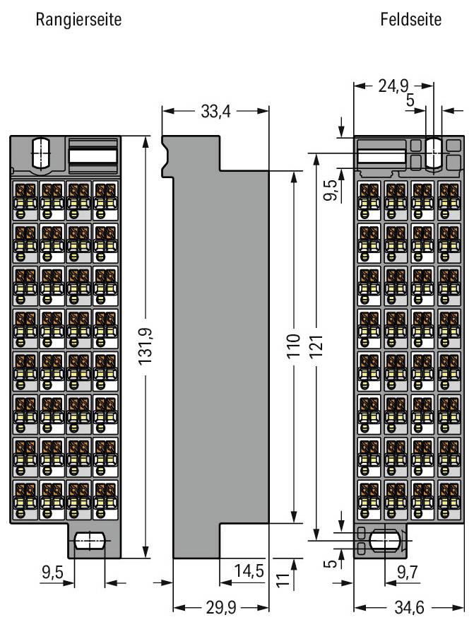 Elektrisches Moduldiagramm mit beschrifteten Abmessungen. Die linke Seite des Moduls ('Rangierseite') ist 33,4 mm breit; rechte Seite ('Feldseite') ist 24,9 mm breit; Höhe ist 131,9 mm.